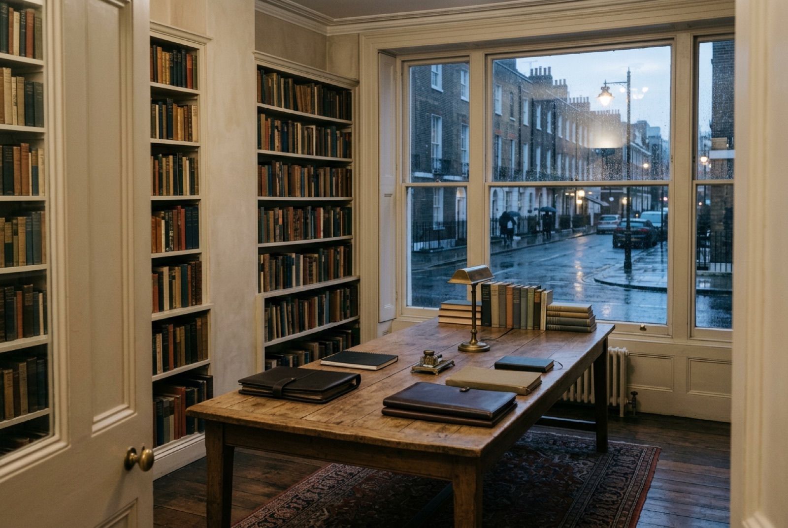 A townhouse library with a long oak table and closed portfolios