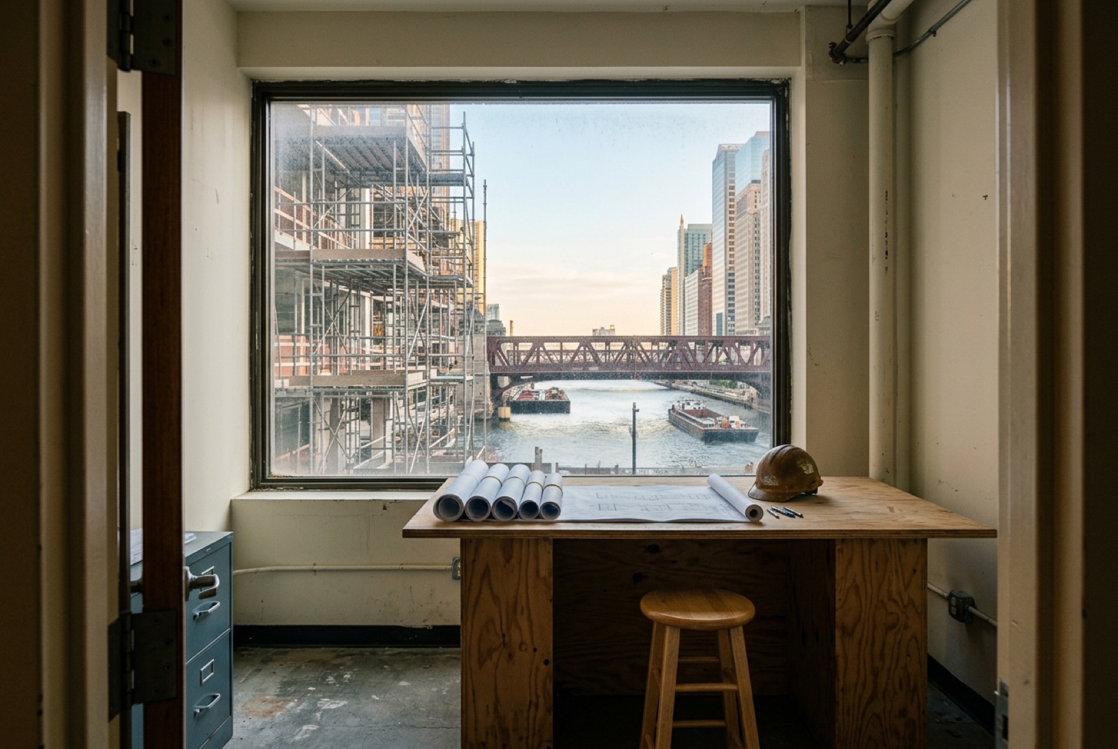 A site office with rolled drawings and a view of scaffolding