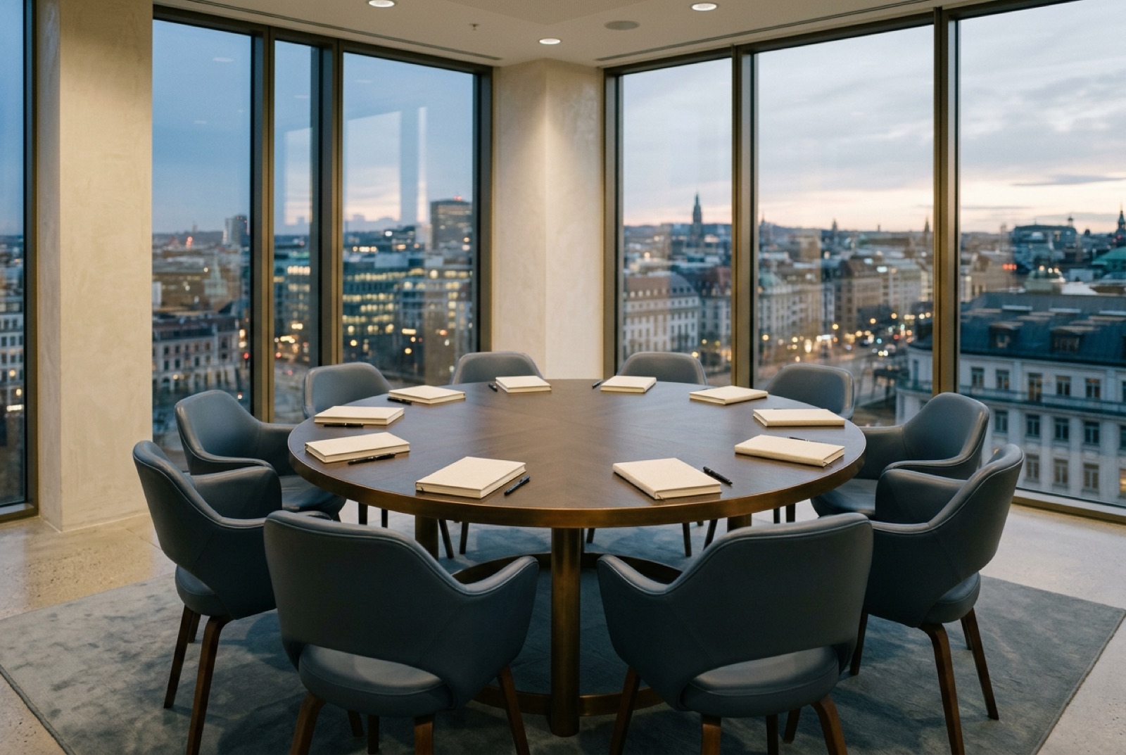 A round forum table with twelve leather chairs in a top-floor meeting room
