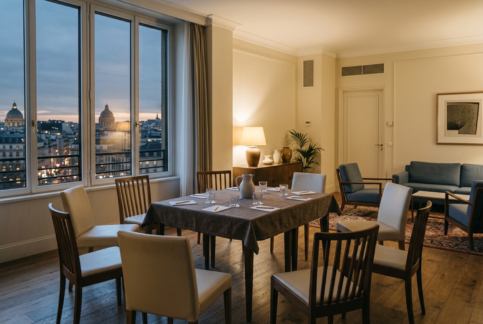 A hotel suite arranged for a small group session