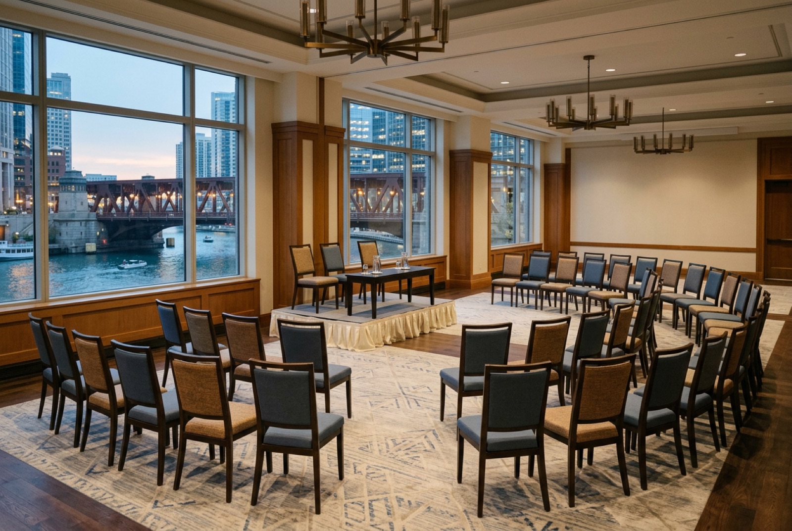 A hotel salon set for a breakfast panel