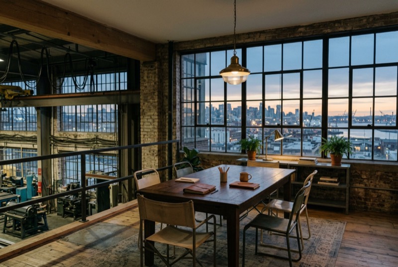 A factory-floor mezzanine office with a meeting table