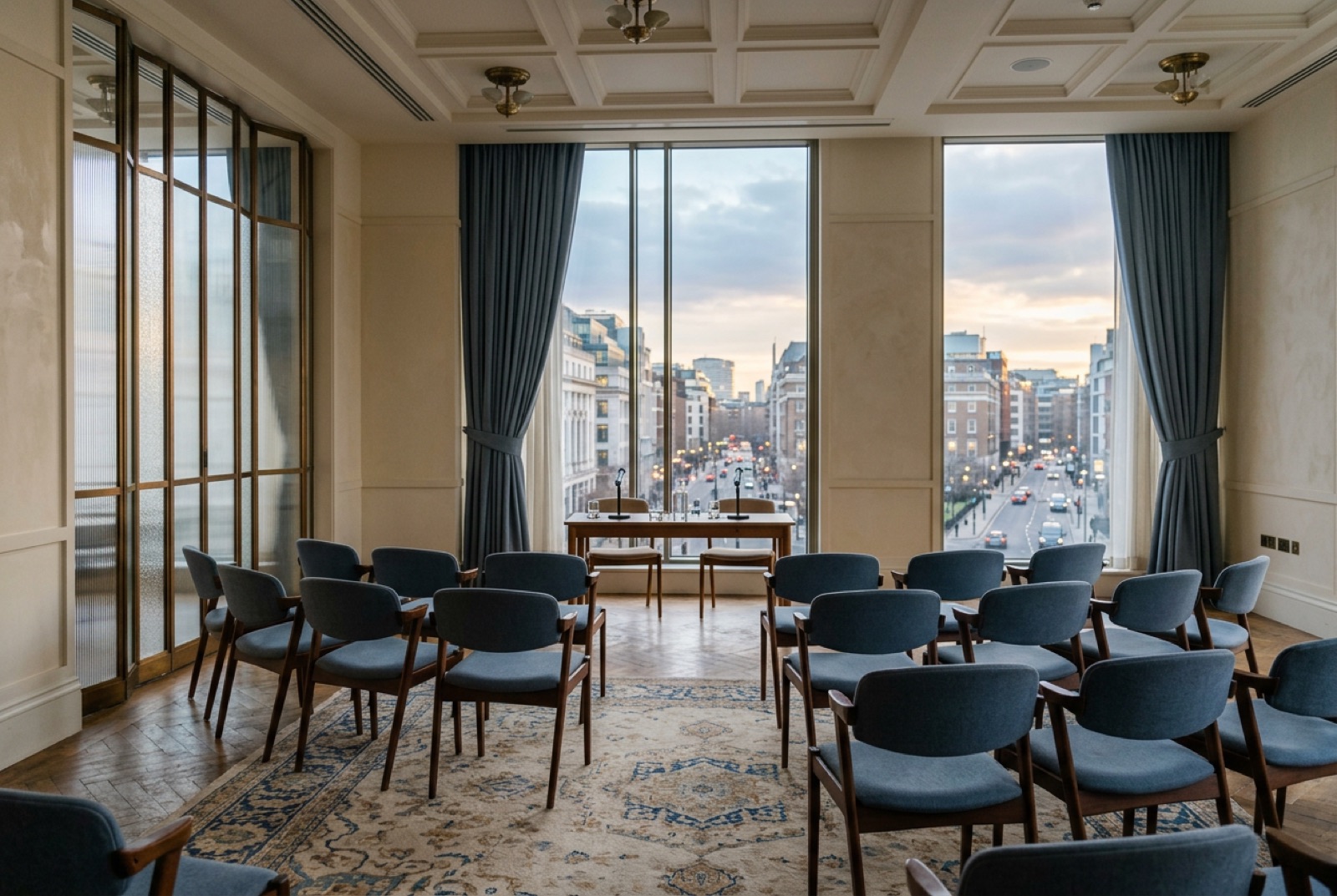 A hotel salon set for a breakfast panel