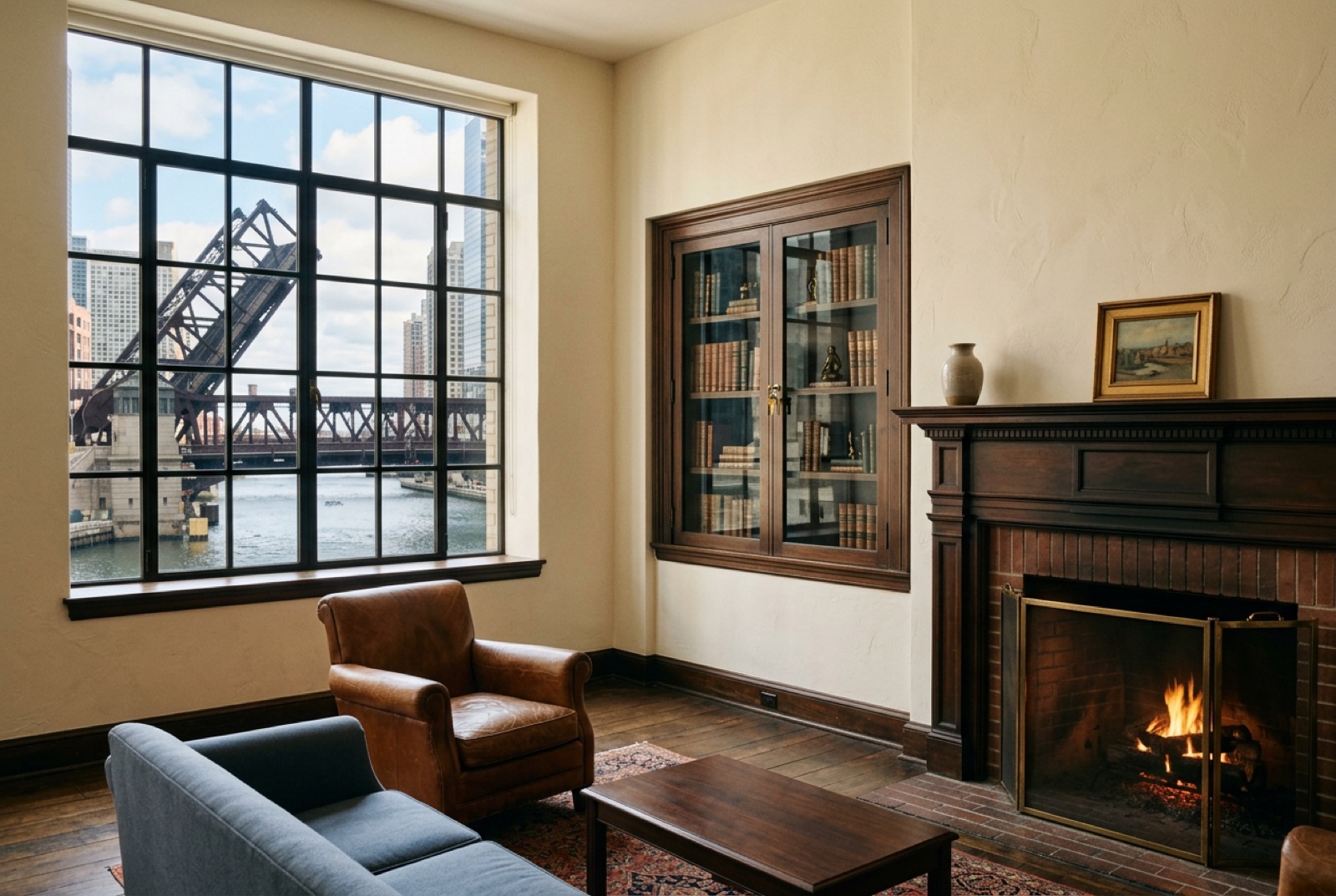 A members' lounge with a fireplace and a locked bookcase