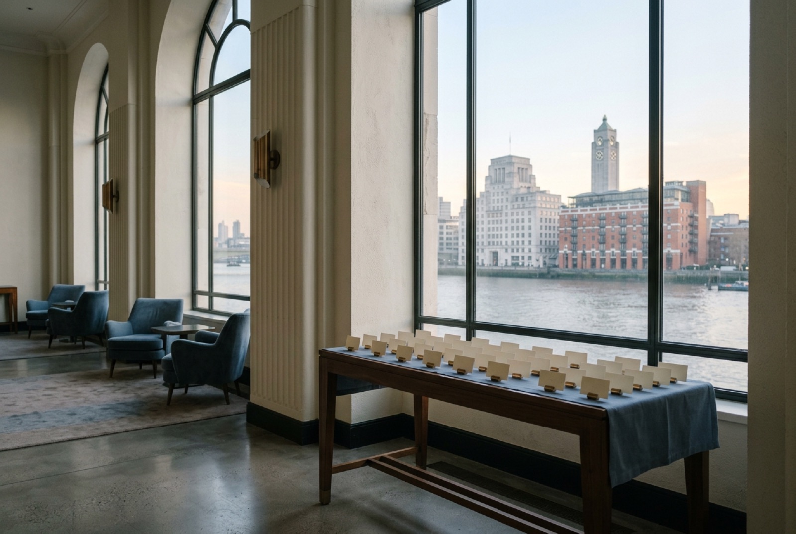 A hotel foyer set for an evening reception