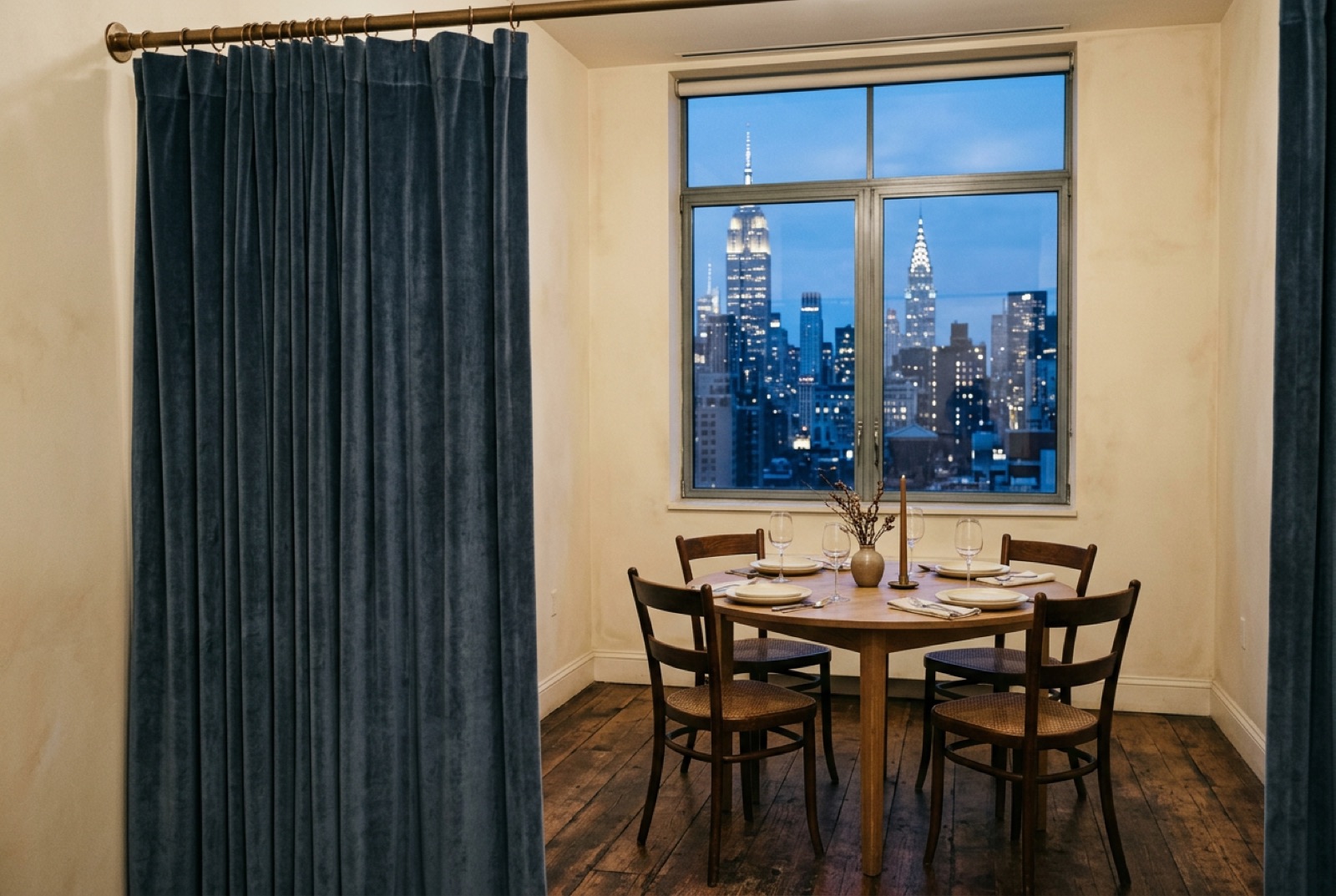 A private dining room behind a velvet curtain