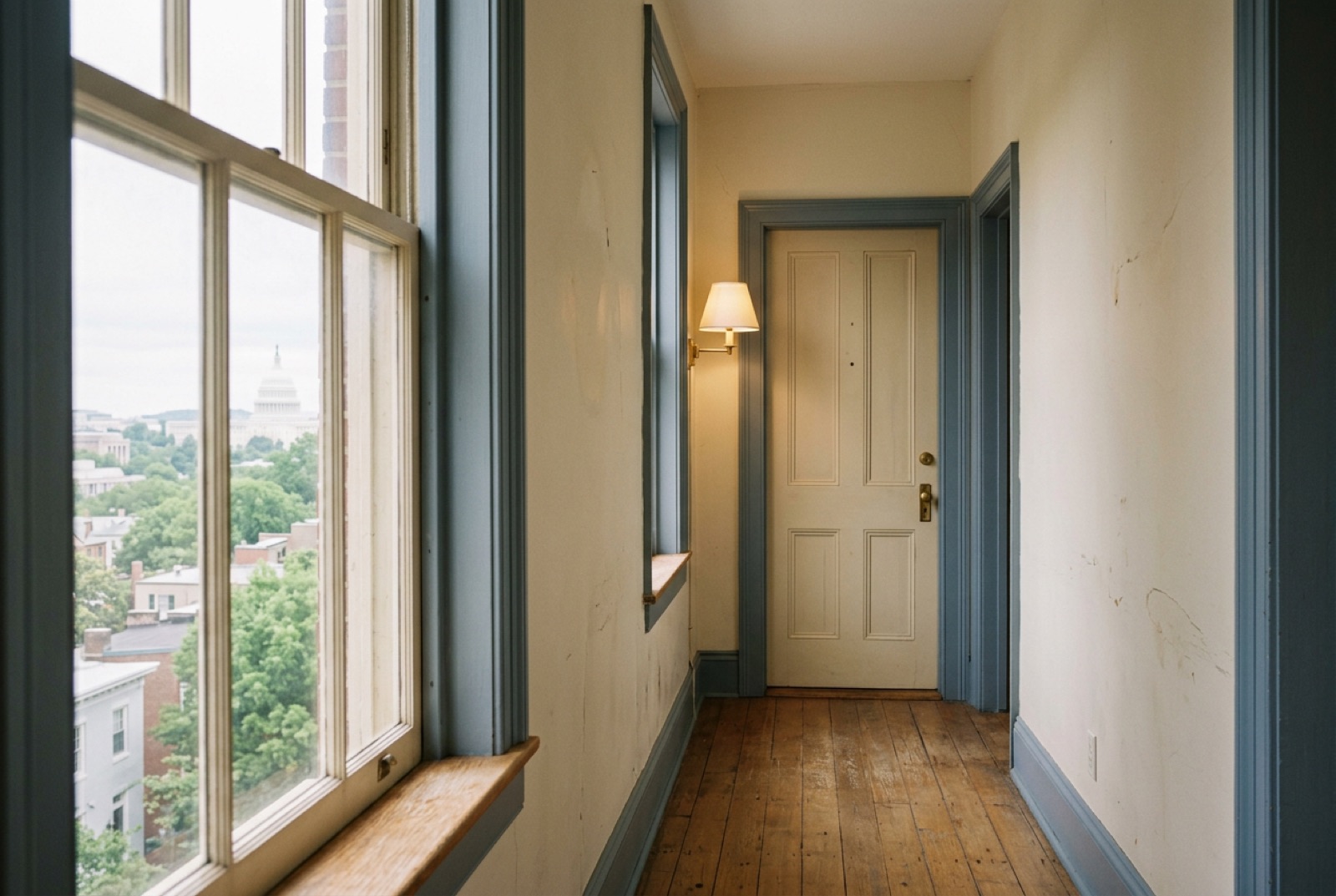 A corridor with a single closed door and a soft lamp