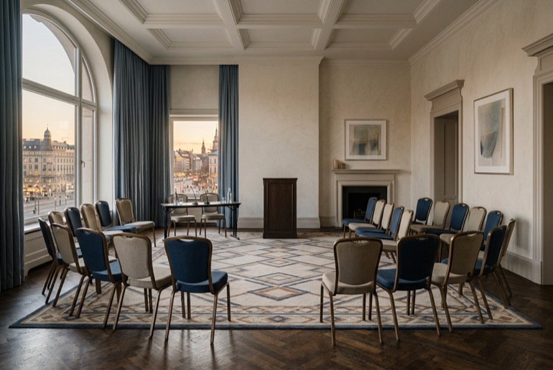 A hotel salon set for a breakfast panel
