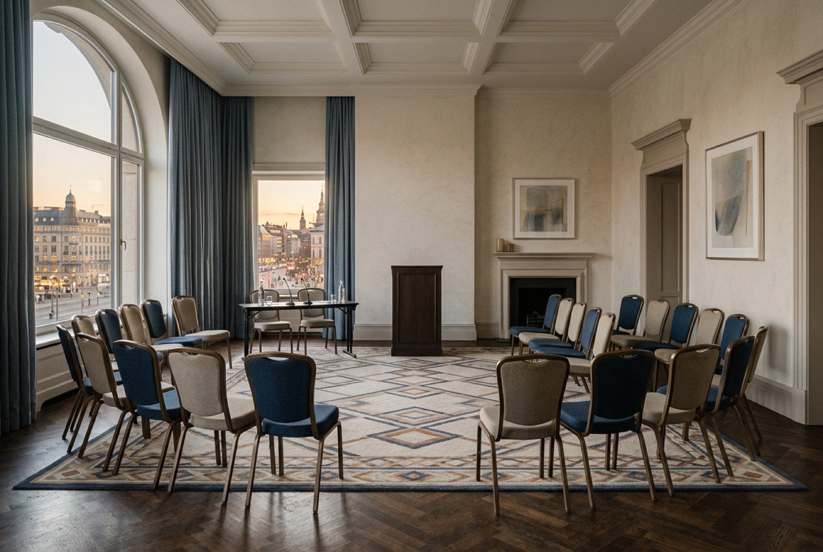 A hotel salon set for a breakfast panel