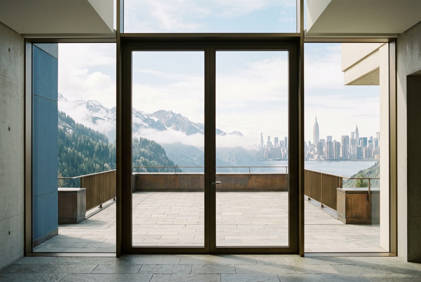 A congress hall terrace above an alpine valley at dawn