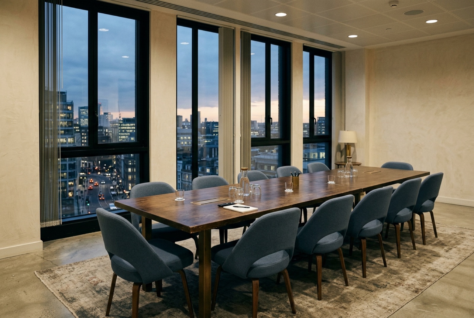 A conference table by tall windows with the chairs pushed in after a session