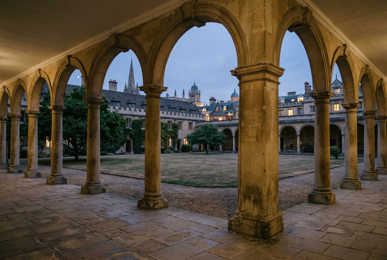 A university courtyard with a colonnade in soft light