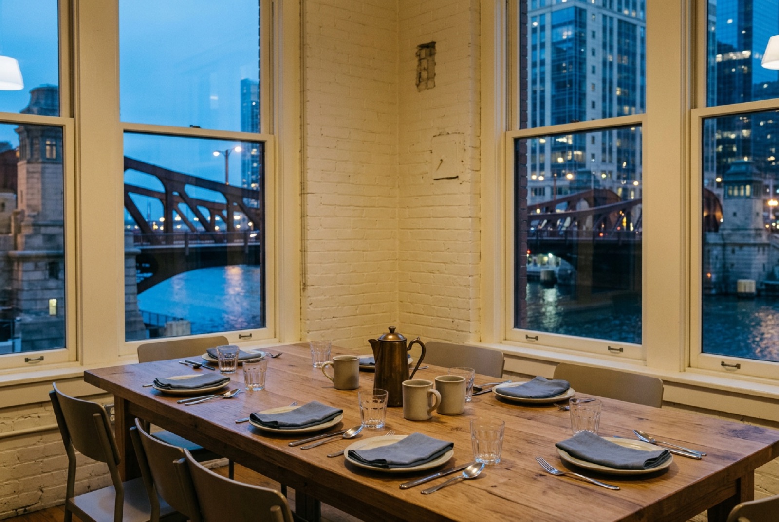 A long wooden table set for a breakfast meeting in a bright café room
