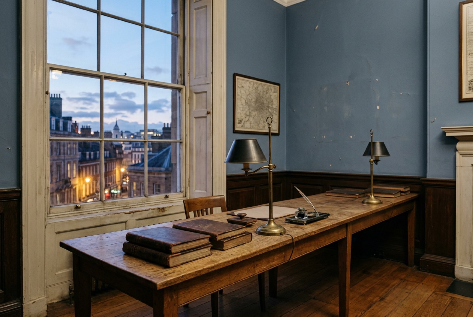 A heritage office with a long desk