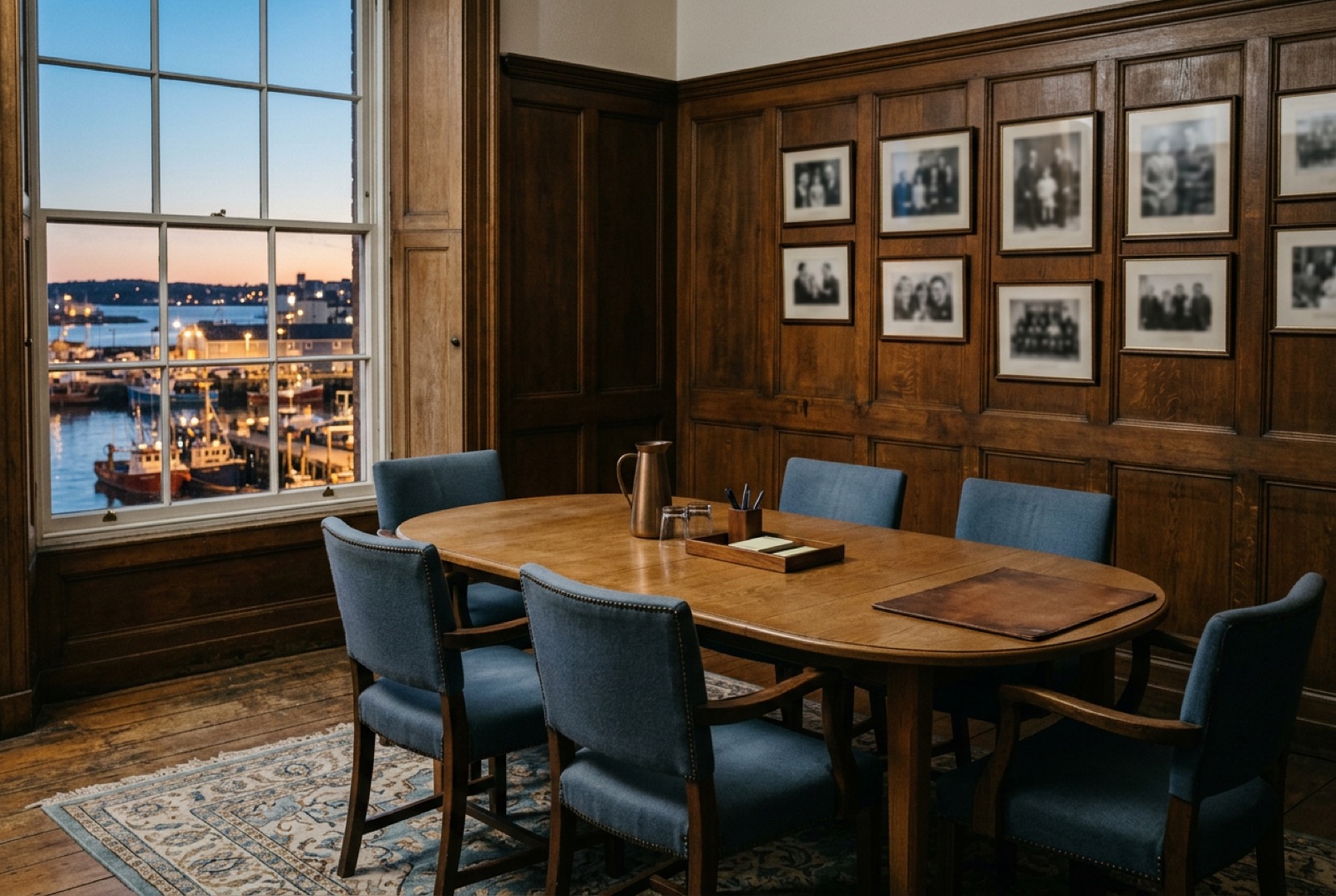 A family company's panelled meeting room with blurred old photographs