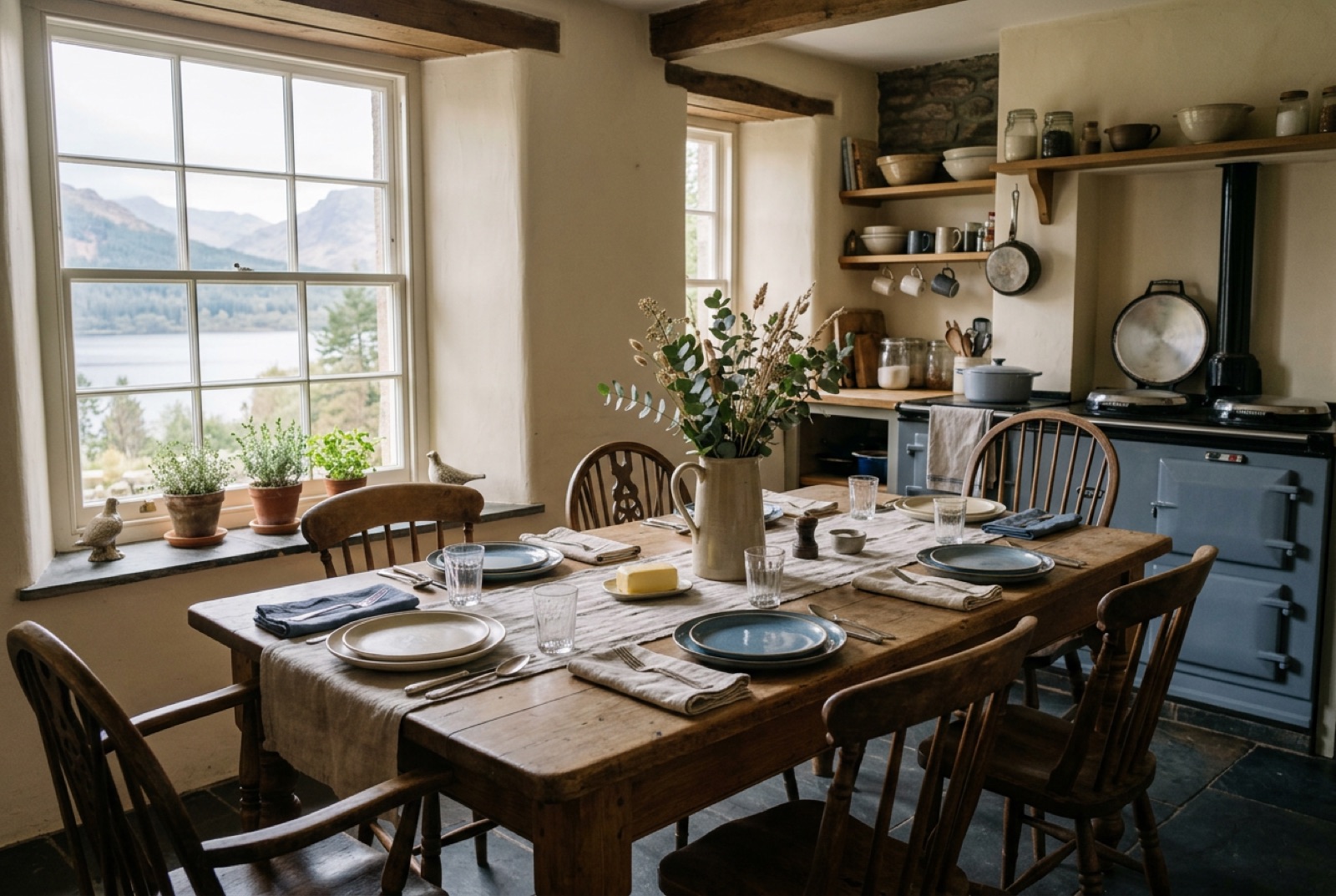 A farmhouse kitchen table set for a family meeting