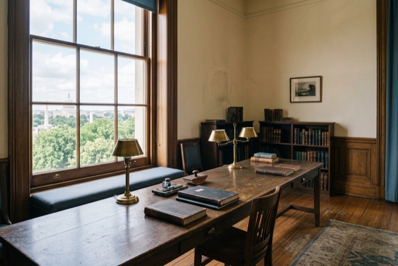 A heritage office with a long desk