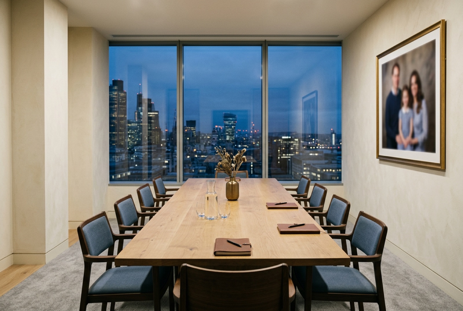 A boardroom with a blurred family portrait on the far wall