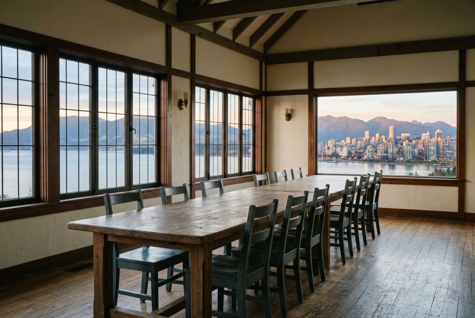 A lakeside meeting house with a long table and mountain light