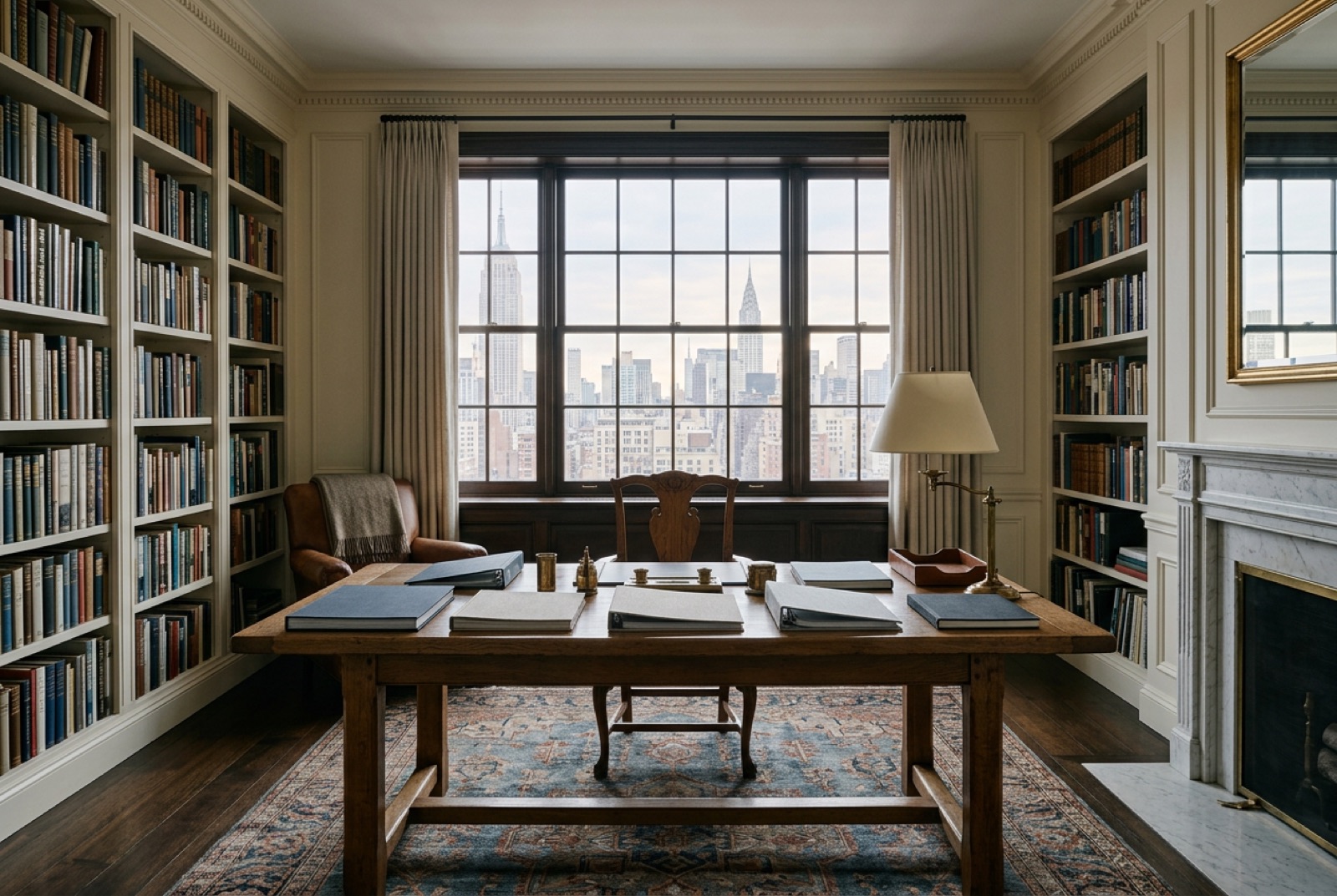 A townhouse library with a long oak table and closed portfolios