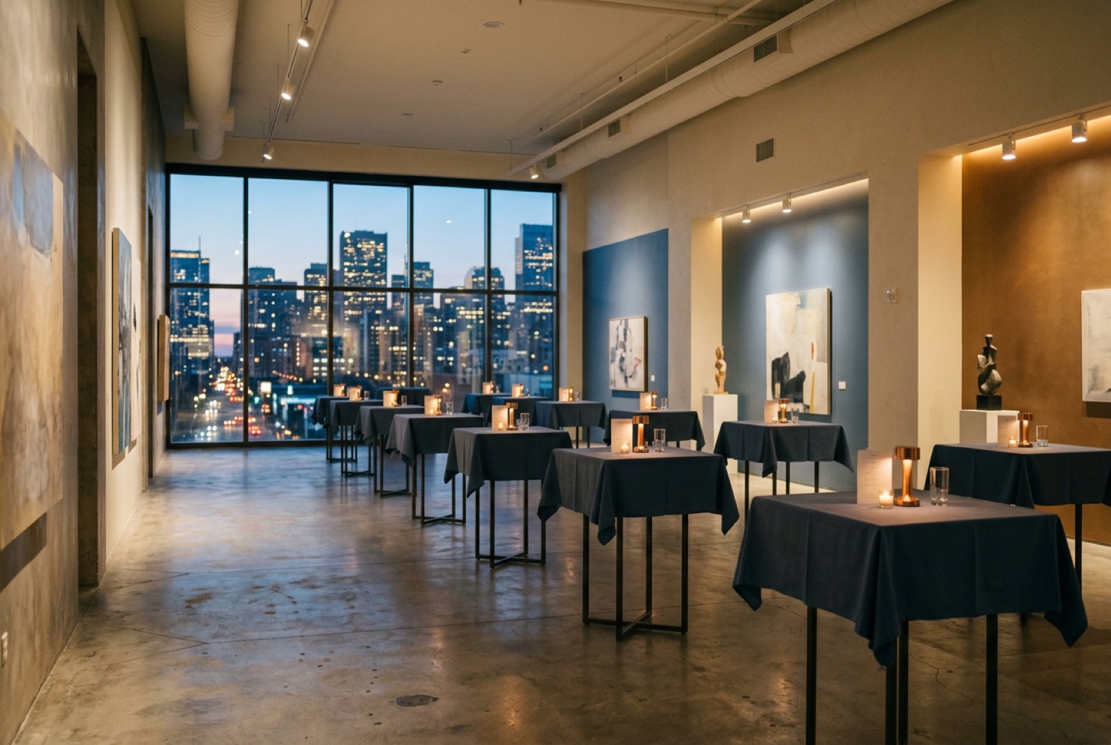 A gallery space with cocktail tables and low light before guests arrive