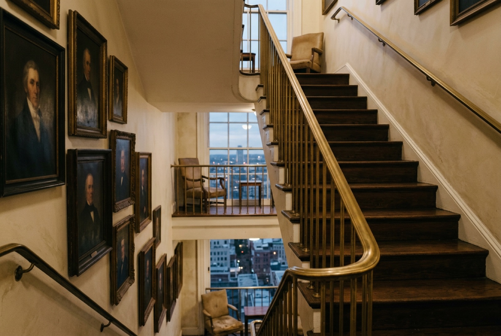 A clubhouse staircase with a brass handrail and blurred portraits on the wall