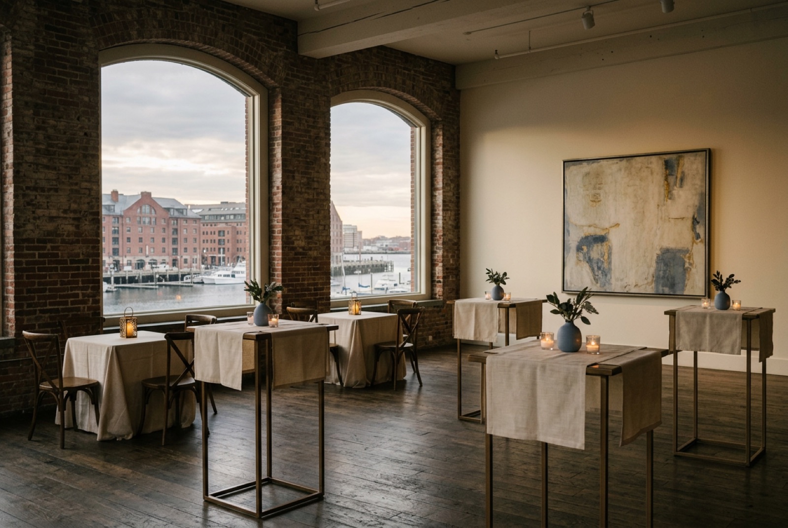 A gallery space with cocktail tables and low light before guests arrive
