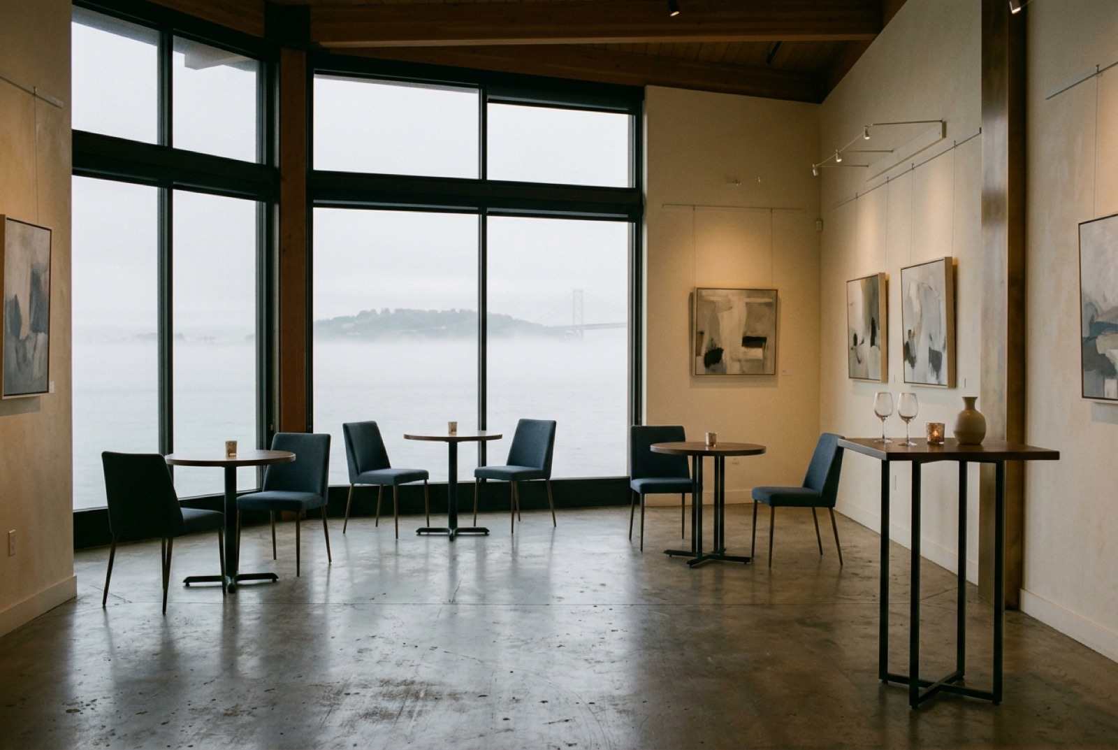 A gallery space with cocktail tables and low light before guests arrive