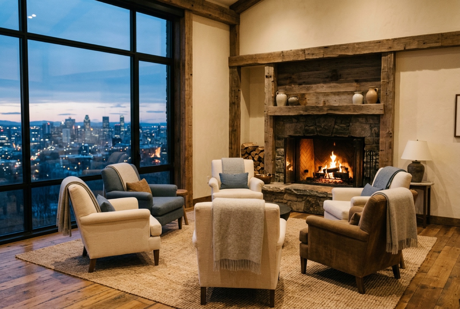 A retreat lodge lounge with a fire and a circle of chairs