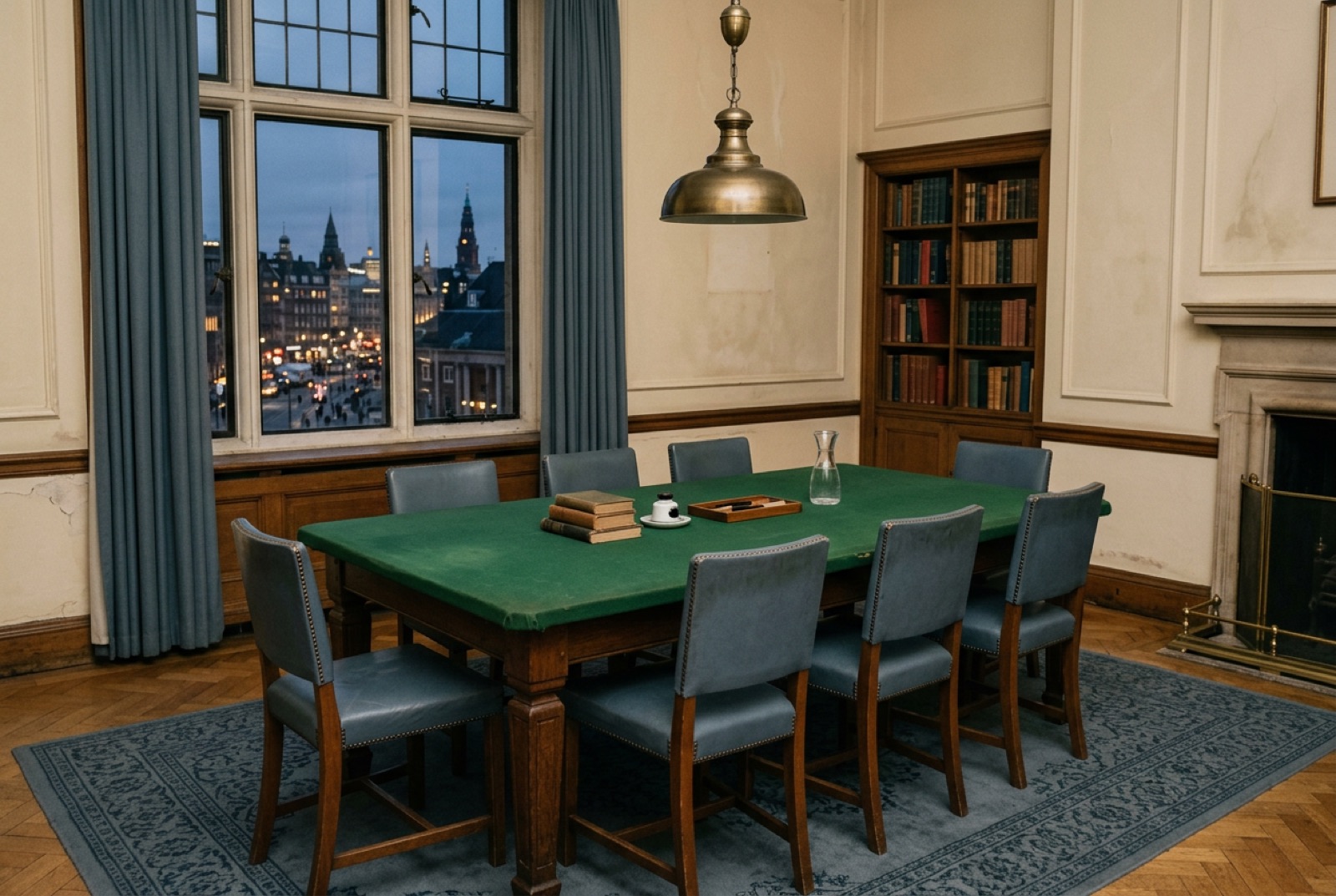 A library committee room with a green baize table