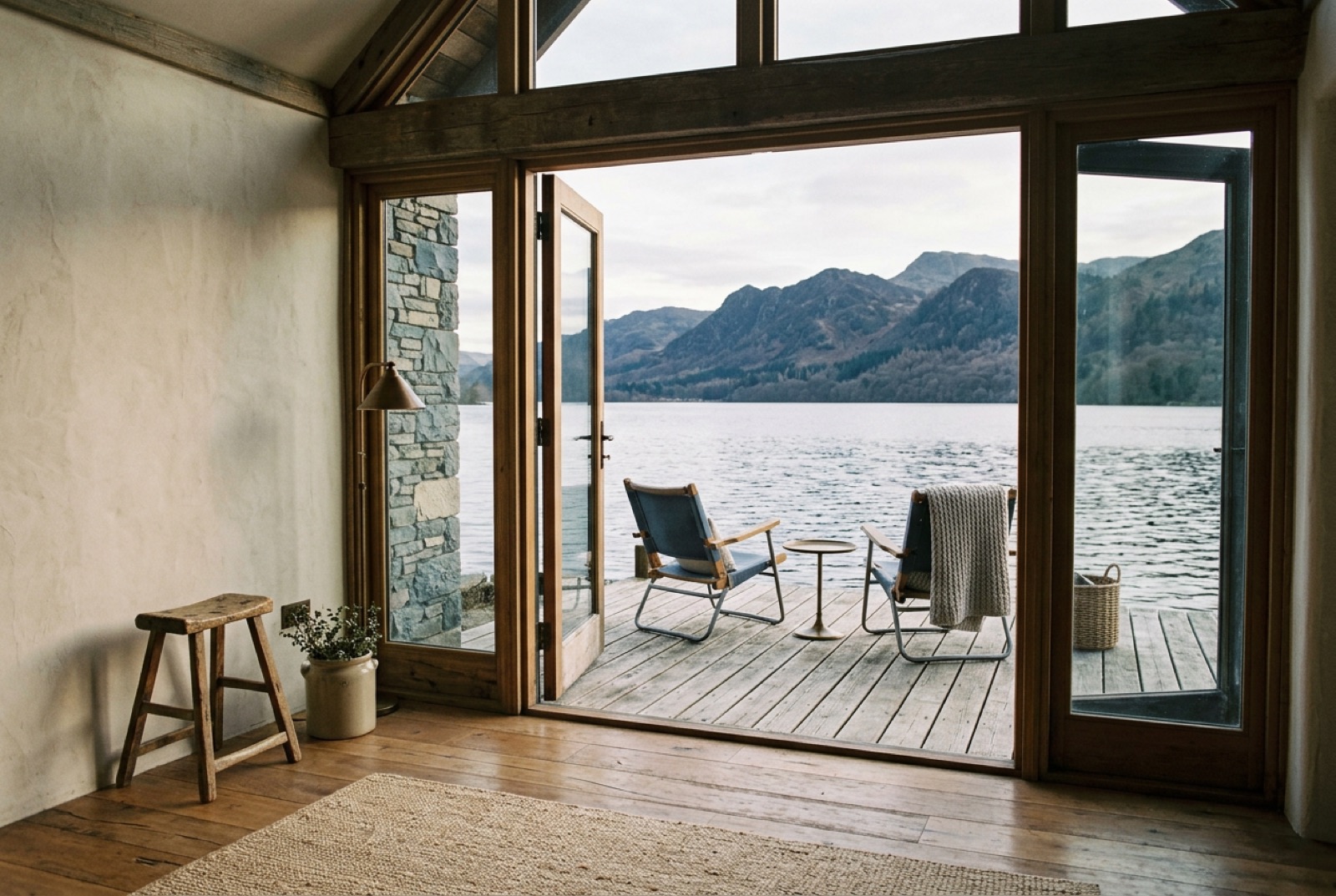 A lakeside deck arranged for an outdoor session