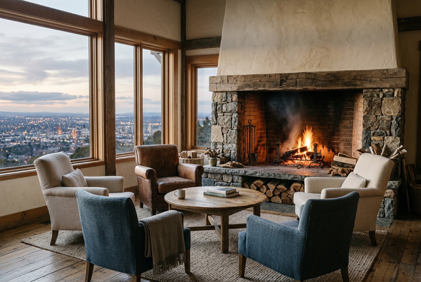 A retreat lodge lounge with a fire and a circle of chairs