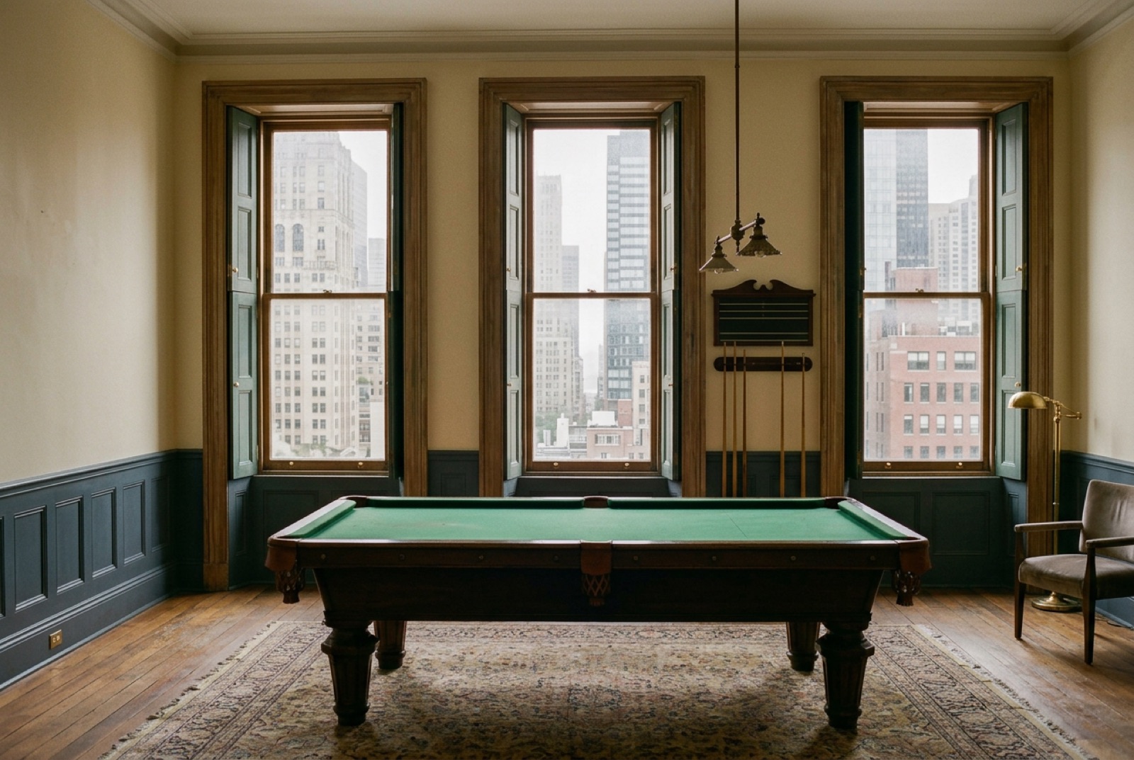 A billiard room with green baize and tall shuttered windows
