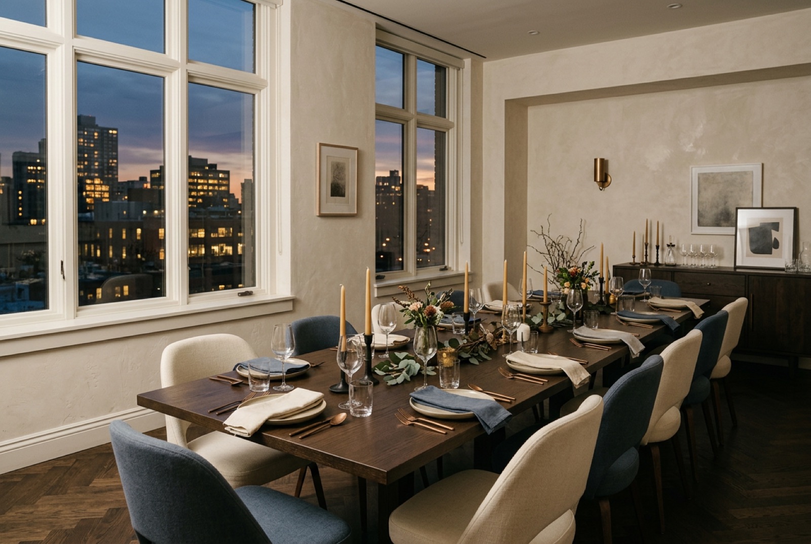 A private dining room set for an investor dinner