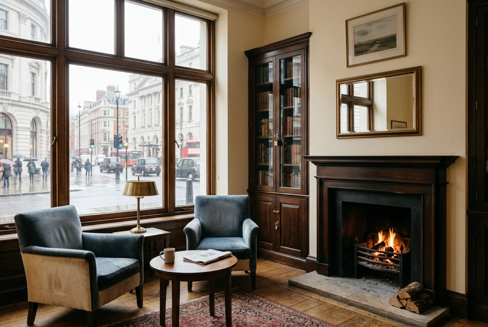 A members' lounge with a fireplace and a locked bookcase