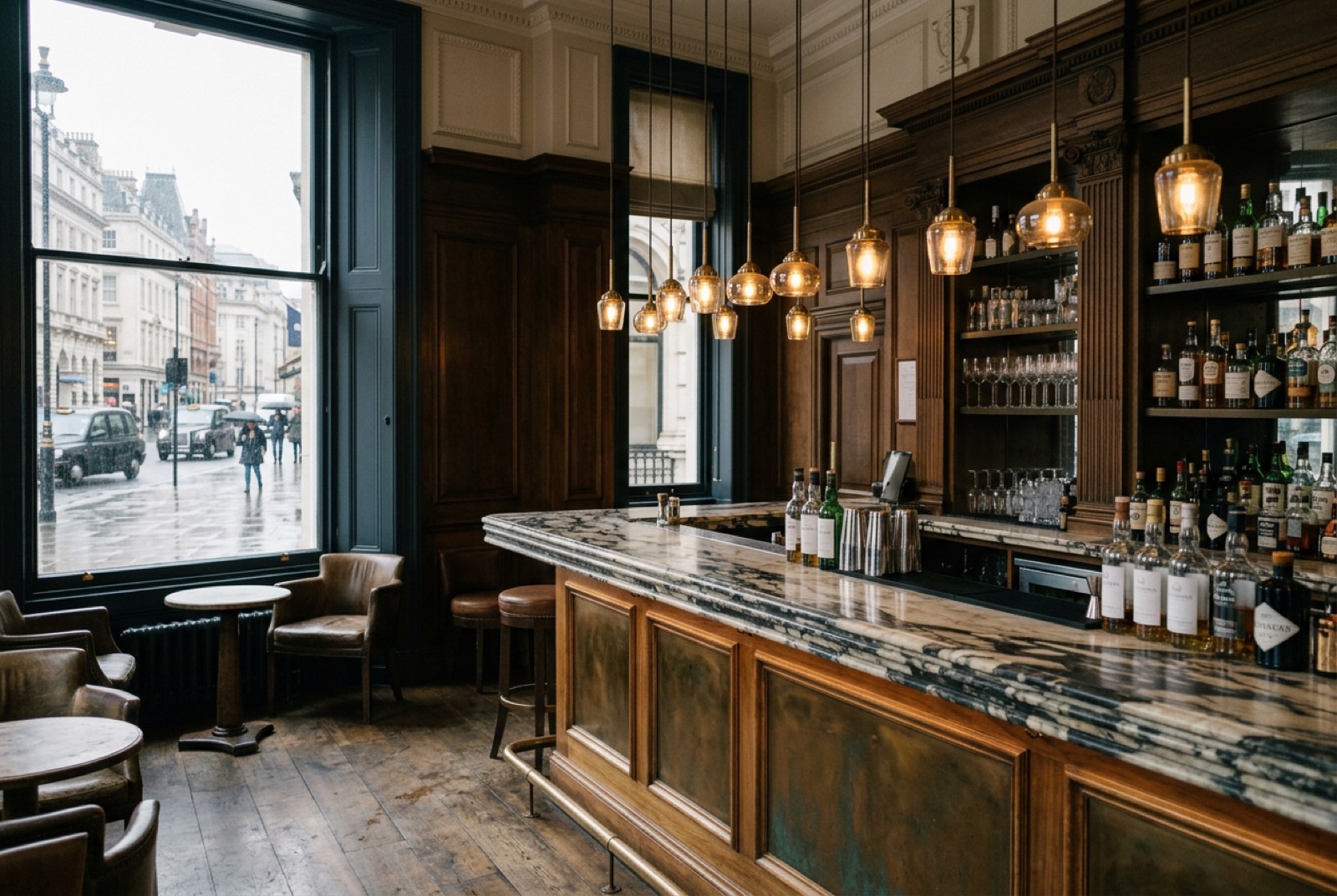A club bar with a marble counter and low lamps in the afternoon