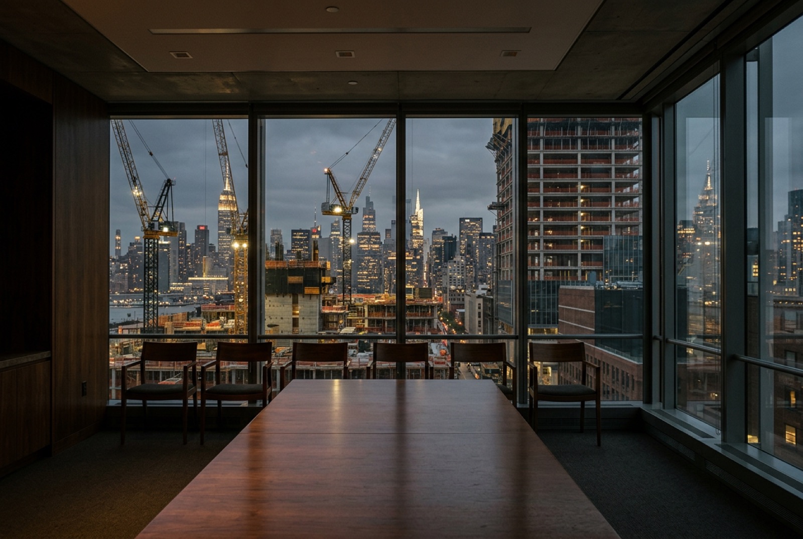 A boardroom overlooking cranes and a half-built tower at dusk