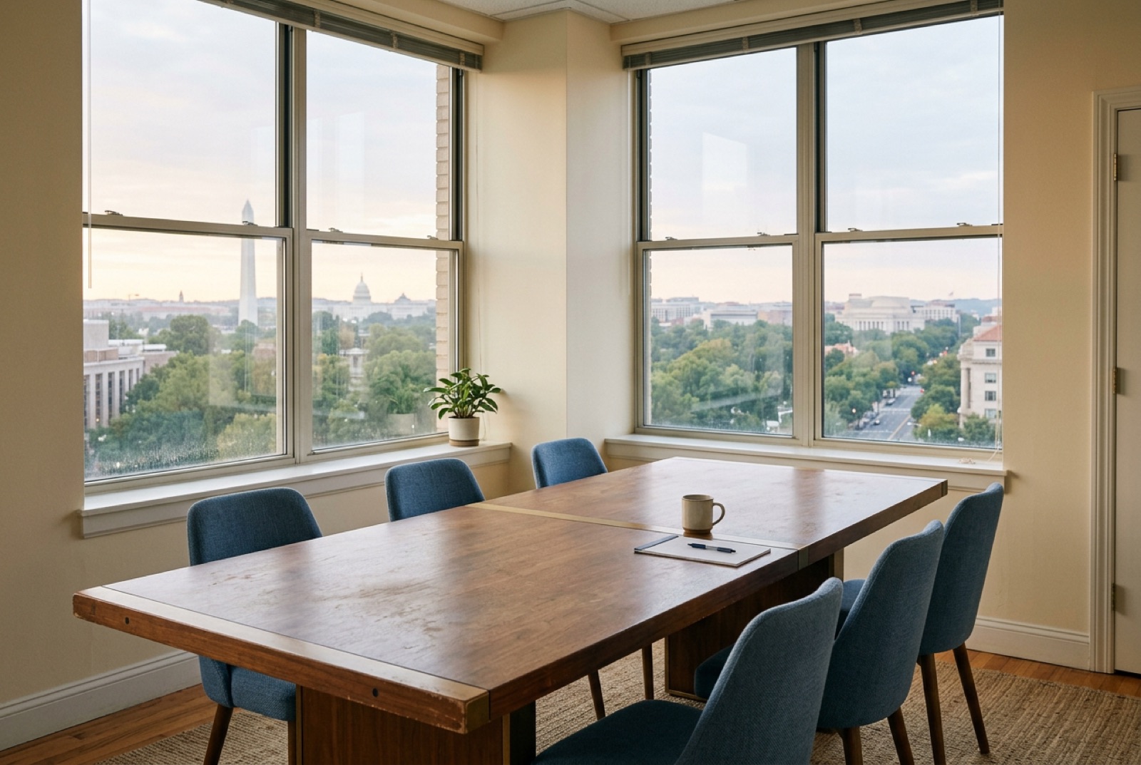 A corner office with a long table and a skyline view