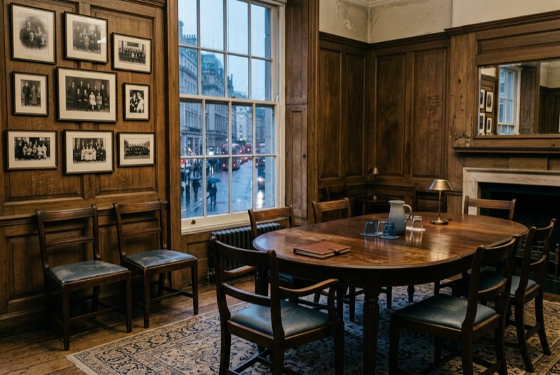 A family company's panelled meeting room with blurred old photographs