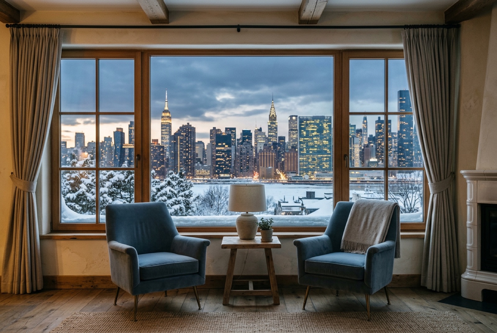 An alpine hotel salon with velvet chairs and snow outside