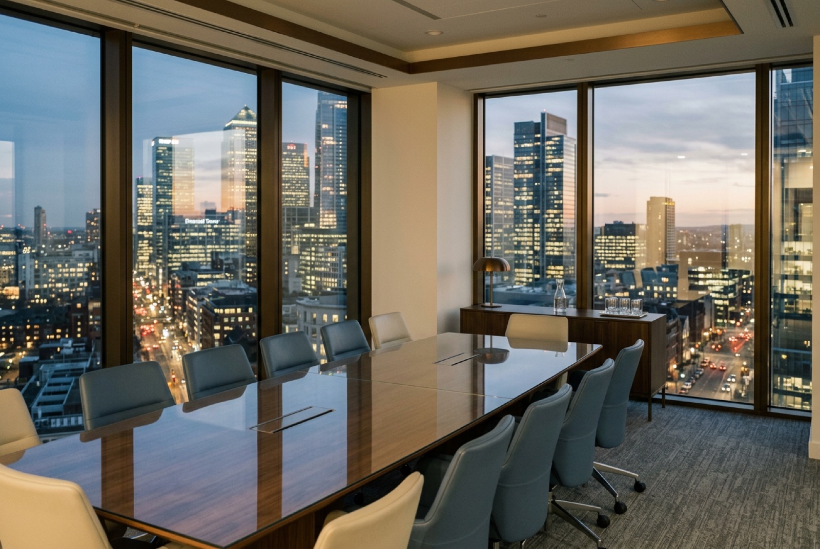 A glass boardroom high above a financial district at dusk