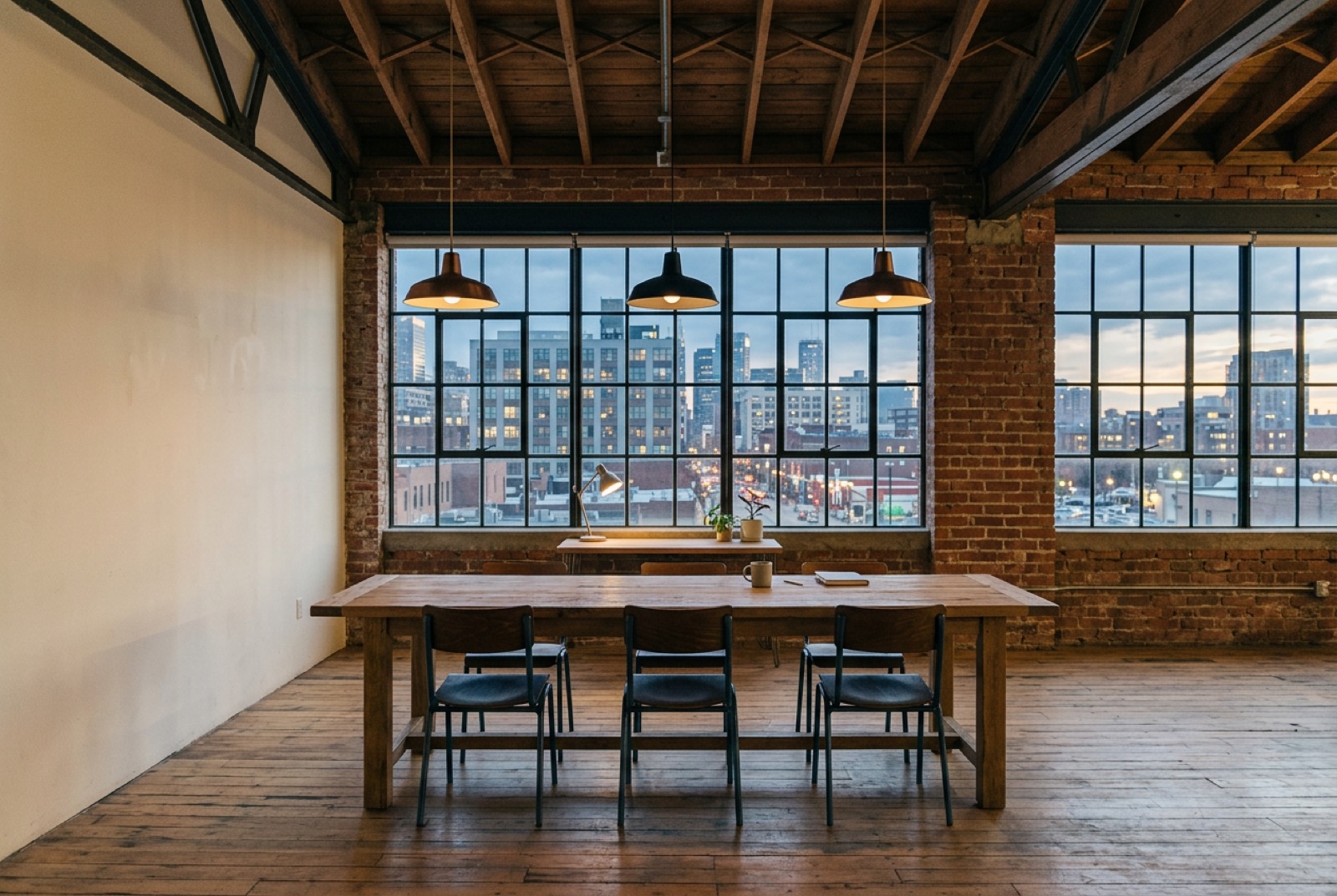 A converted warehouse office with a long table and pendant lamps