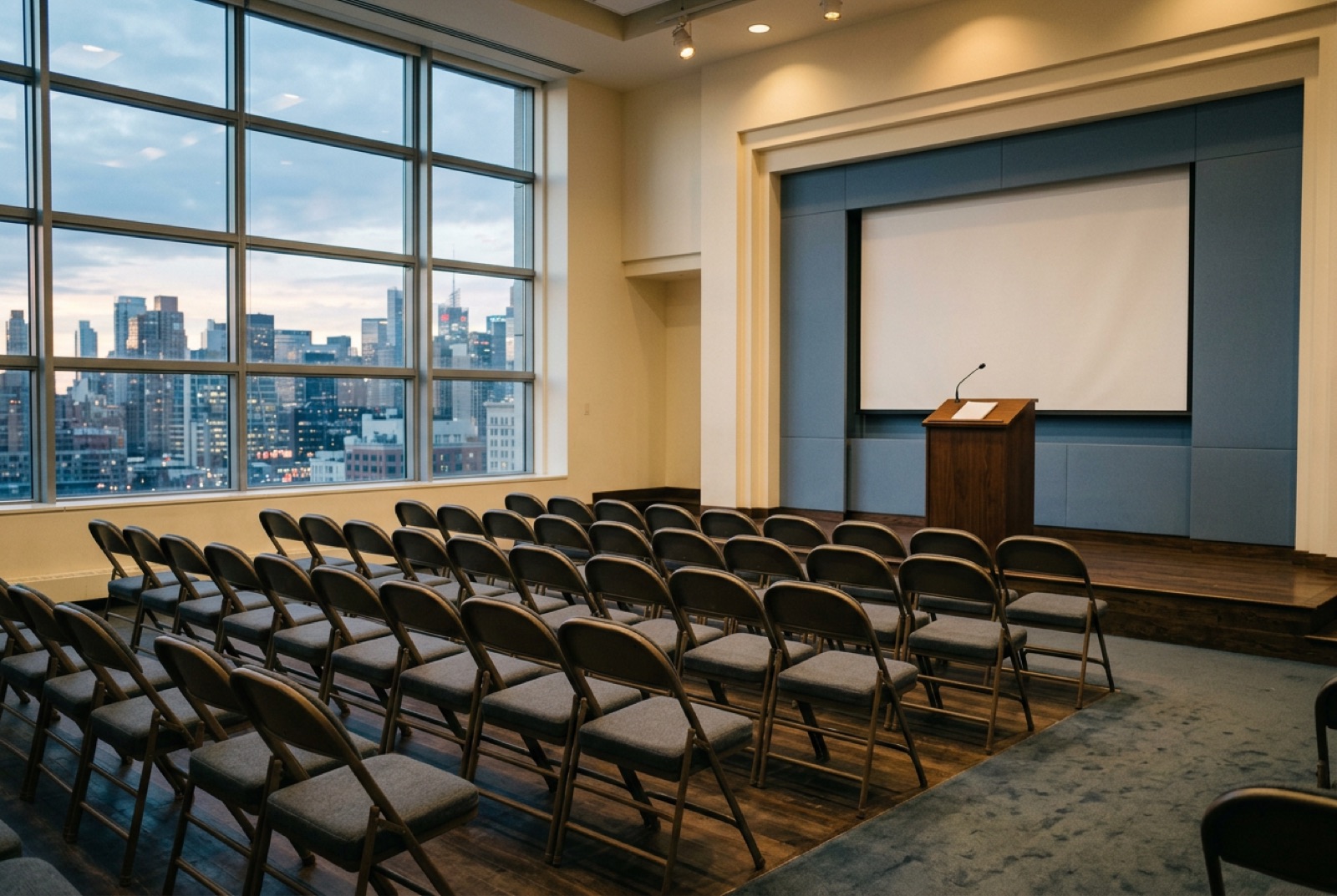 A small auditorium with a lectern and empty chairs before a pitch session