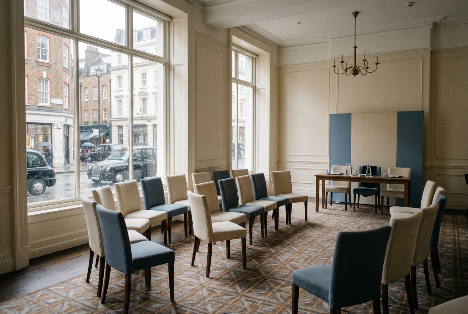 A hotel salon set for a breakfast panel