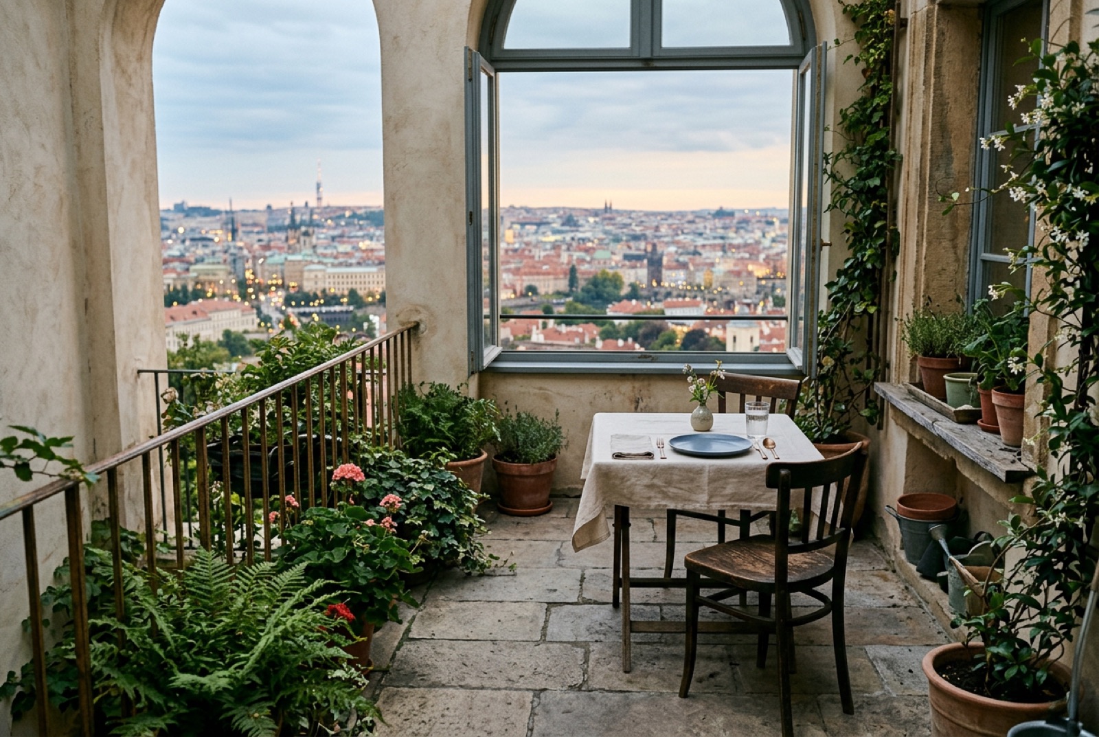 A hidden garden terrace with a single set table