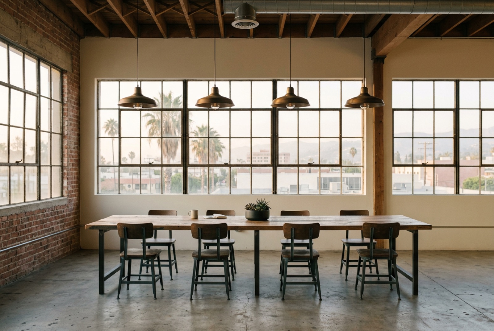 A converted warehouse office with a long table and pendant lamps