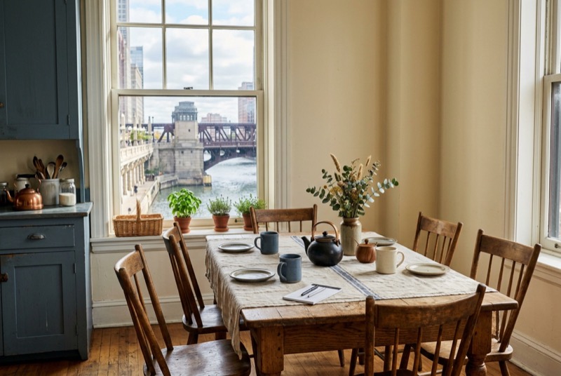 A farmhouse kitchen table set for a family meeting