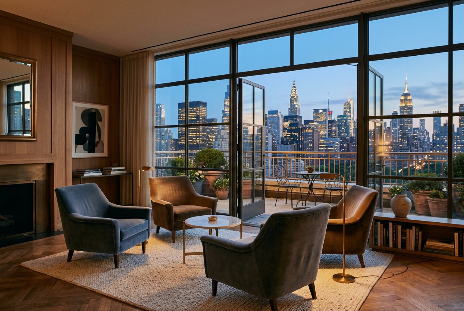 A bright members' lounge with velvet chairs opening onto a terrace