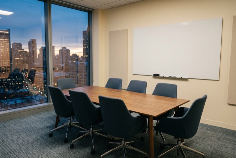 A small private meeting room with a wiped whiteboard and eight chairs