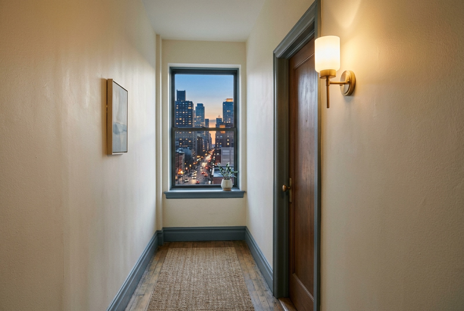 A corridor with a single closed door and a soft lamp